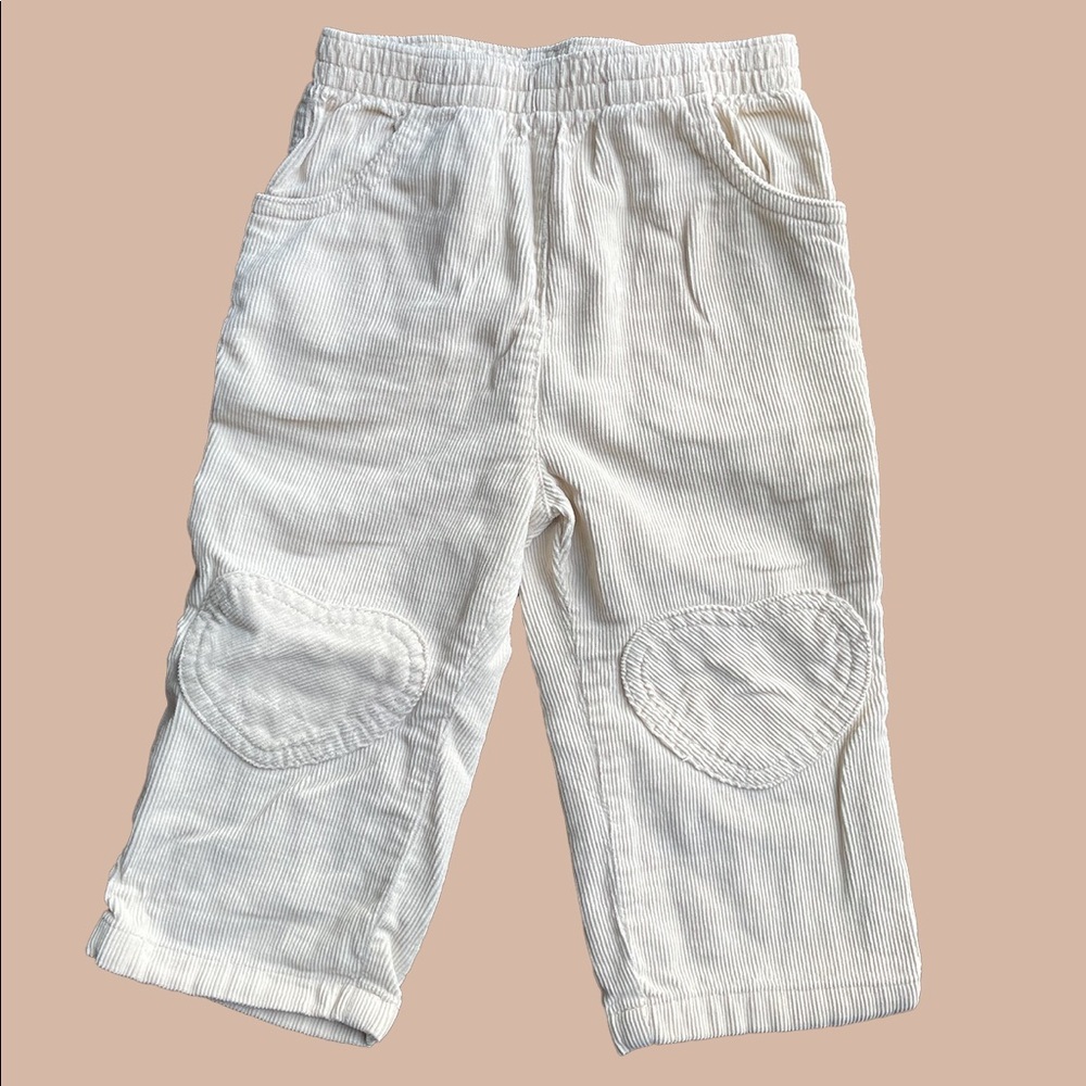 Okie Dokie: Knee Patch Heart Corduroy Pants with Elastic Waistband Ivory 12M